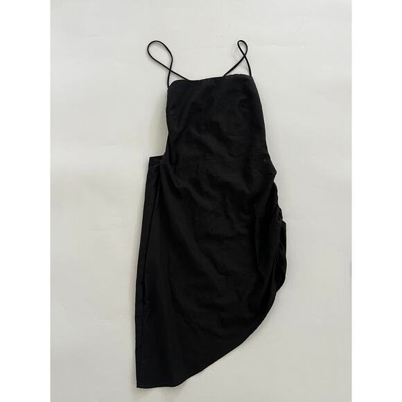 Lioness Dress XS Black Assymetrical Square Neck Ruched Mini Cotton Linen - Picture 1 of 16